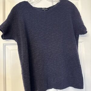 Eileen Fisher Ink Blue Organic Linen/Cotton Slub Short Sleeve Sweater  XS Preppy